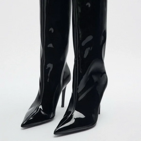 FAUX PATENT KNEE HIGH HEELED BOOTS 39 - Picture 2 of 3